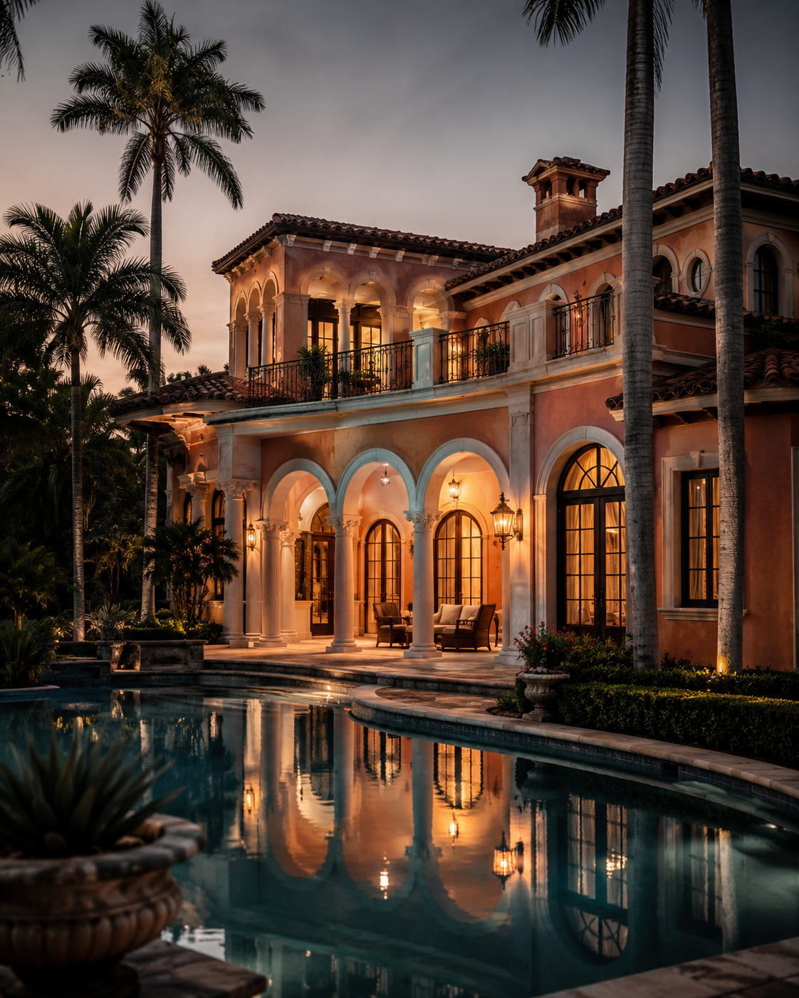 Elegant Mediterranean Revival estate with reflecting pool at dusk in Boca Raton