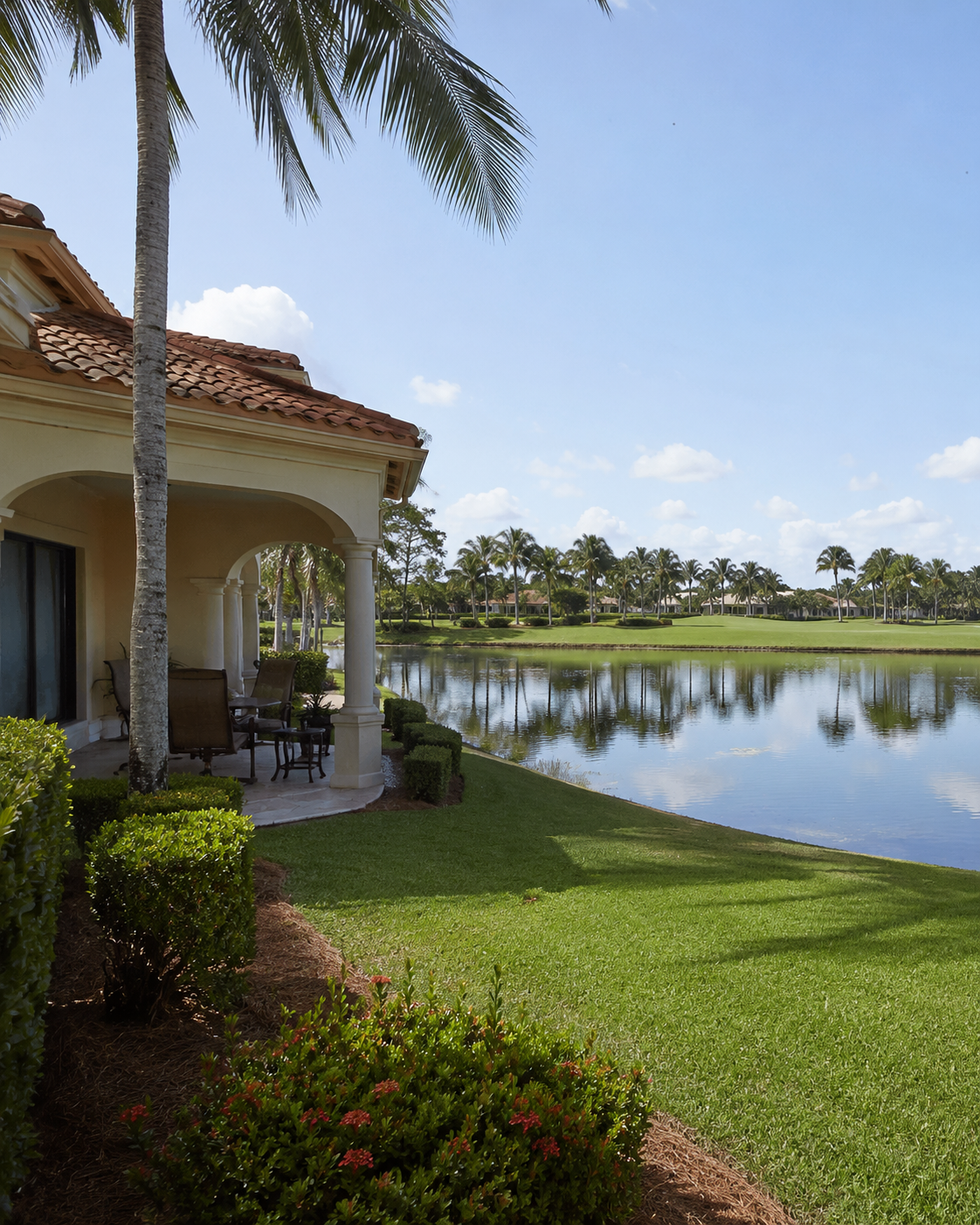 Mediterranean home beside a lake and golf course in Indian Spring, Boynton Beach