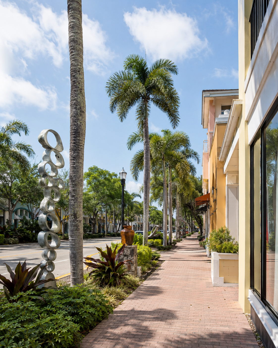 Walkable arts-district street in Pineapple Grove, downtown Delray Beach