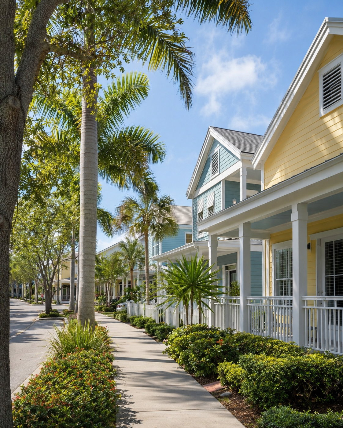 Walkable tree-lined street of coastal homes in the Abacoa community, Jupiter