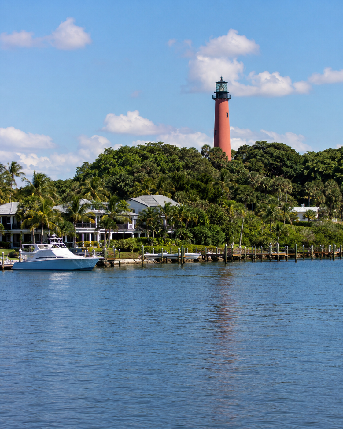 Jupiter coastline with the iconic red inlet lighthouse, Palm Beach County