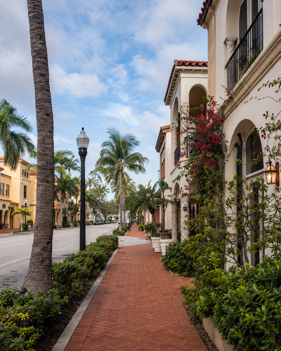 Palm-lined historic downtown street of restored storefronts in Lake Worth Beach
