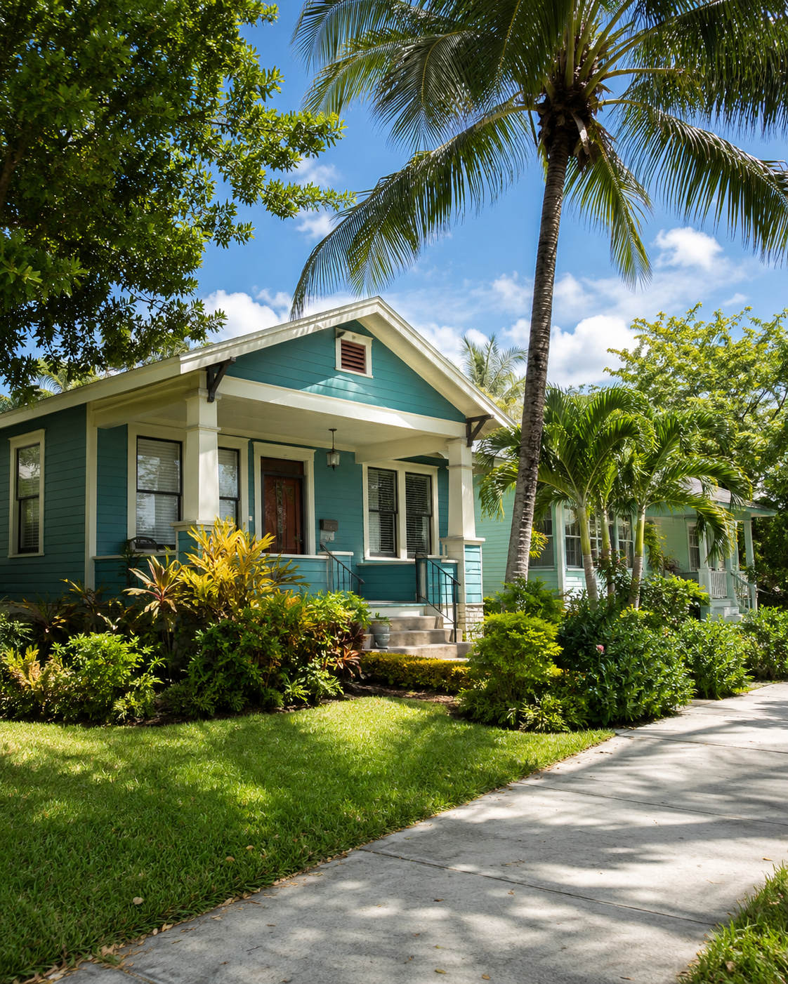 Colorful restored historic bungalow on a palm-lined street in Tropical Ridge, Lake Worth Beach