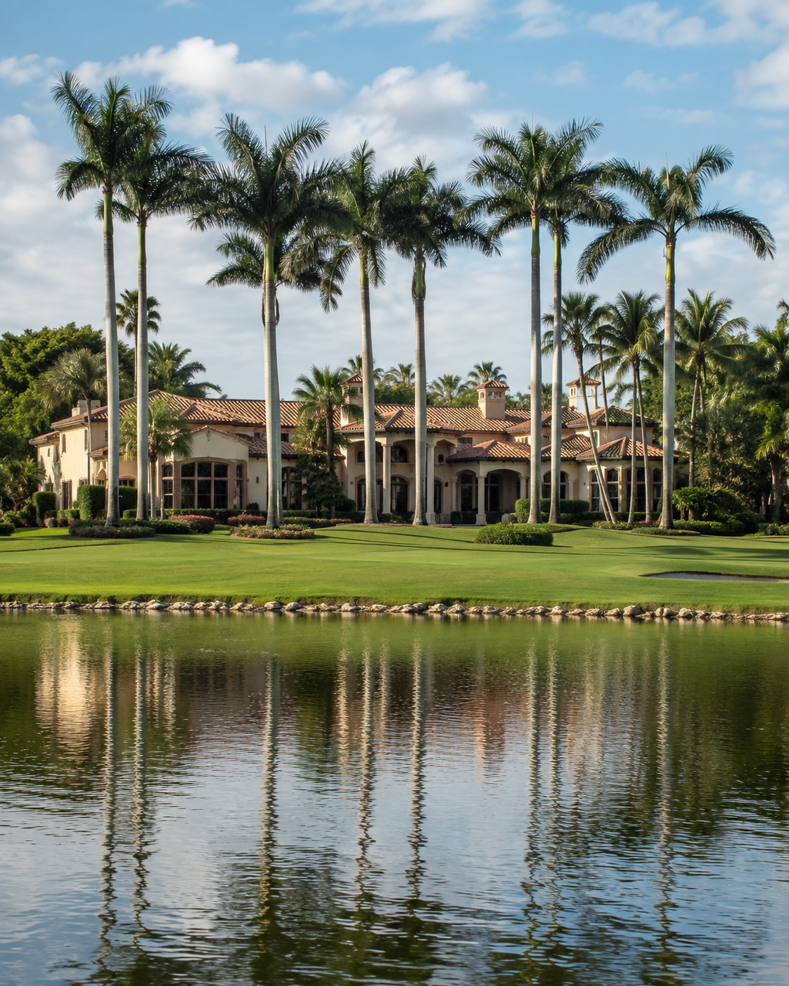 Mediterranean golf estate beside a lake in Frenchman's Reserve, Palm Beach Gardens