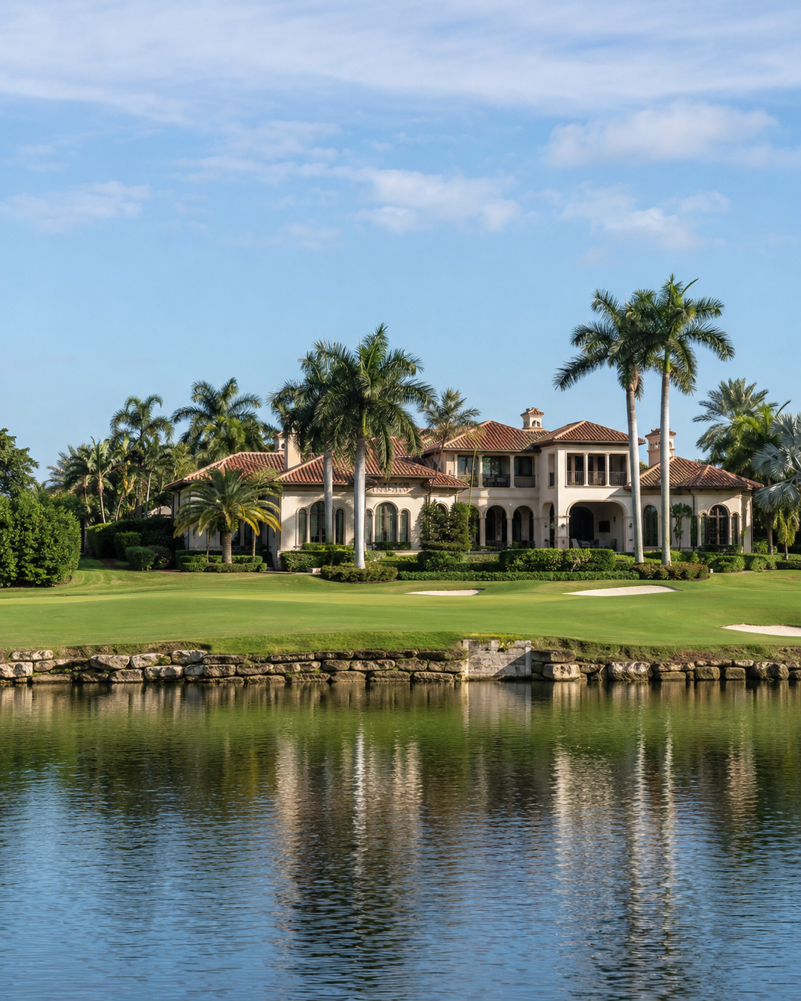Grand Mediterranean estate overlooking a fairway and lake in Mirasol, Palm Beach Gardens