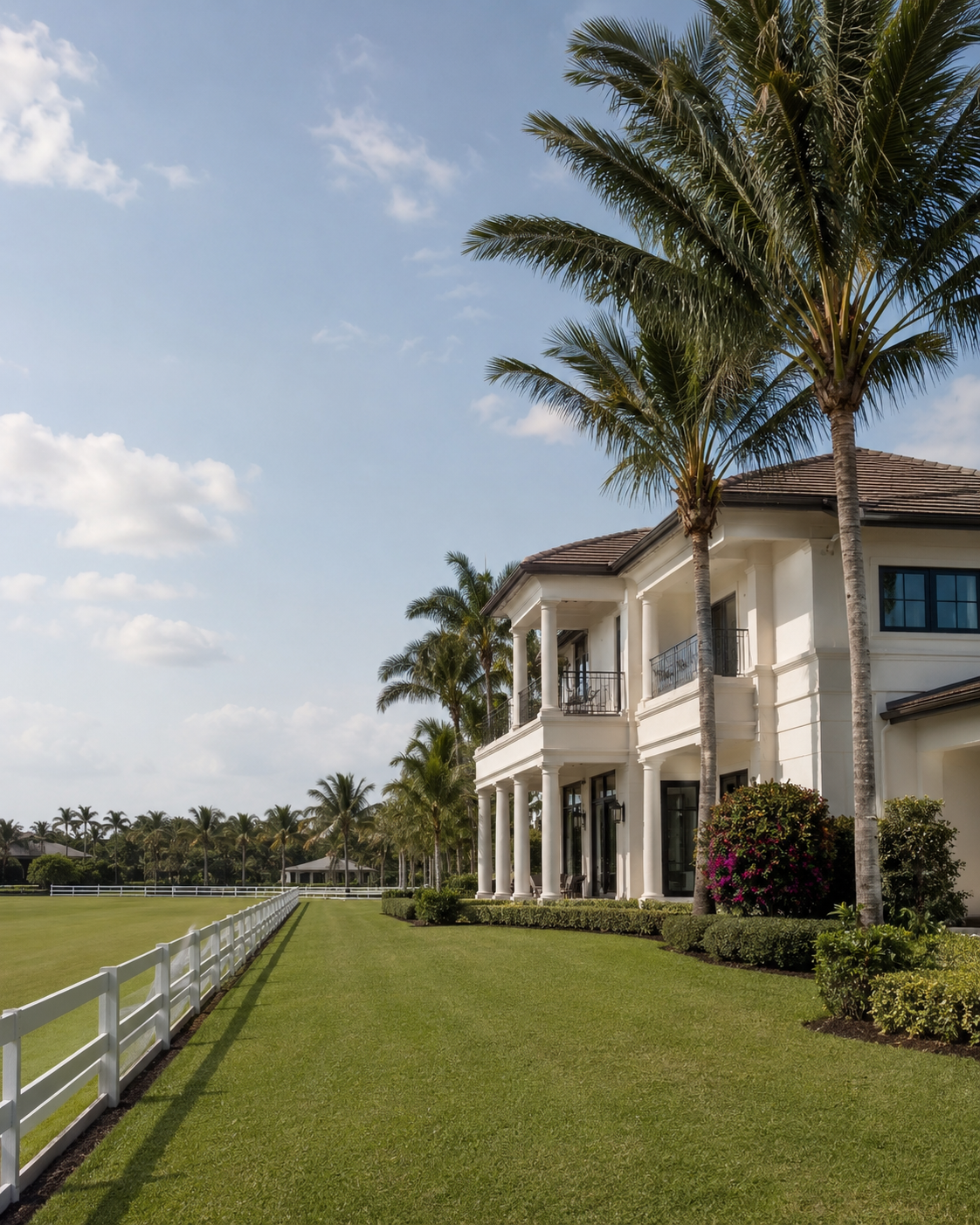 Estate beside a manicured polo field with white fencing in Palm Beach Polo & Country Club, Wellington