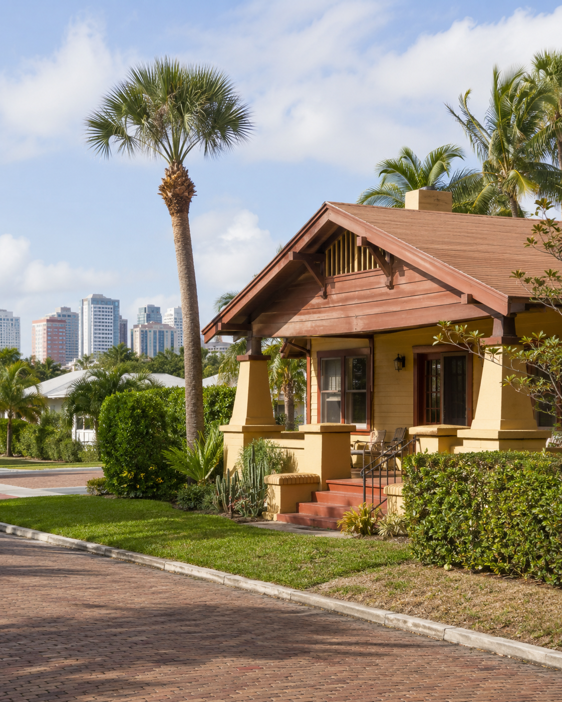 Colorful craftsman cottage on a brick street near downtown in Grandview Heights, West Palm Beach