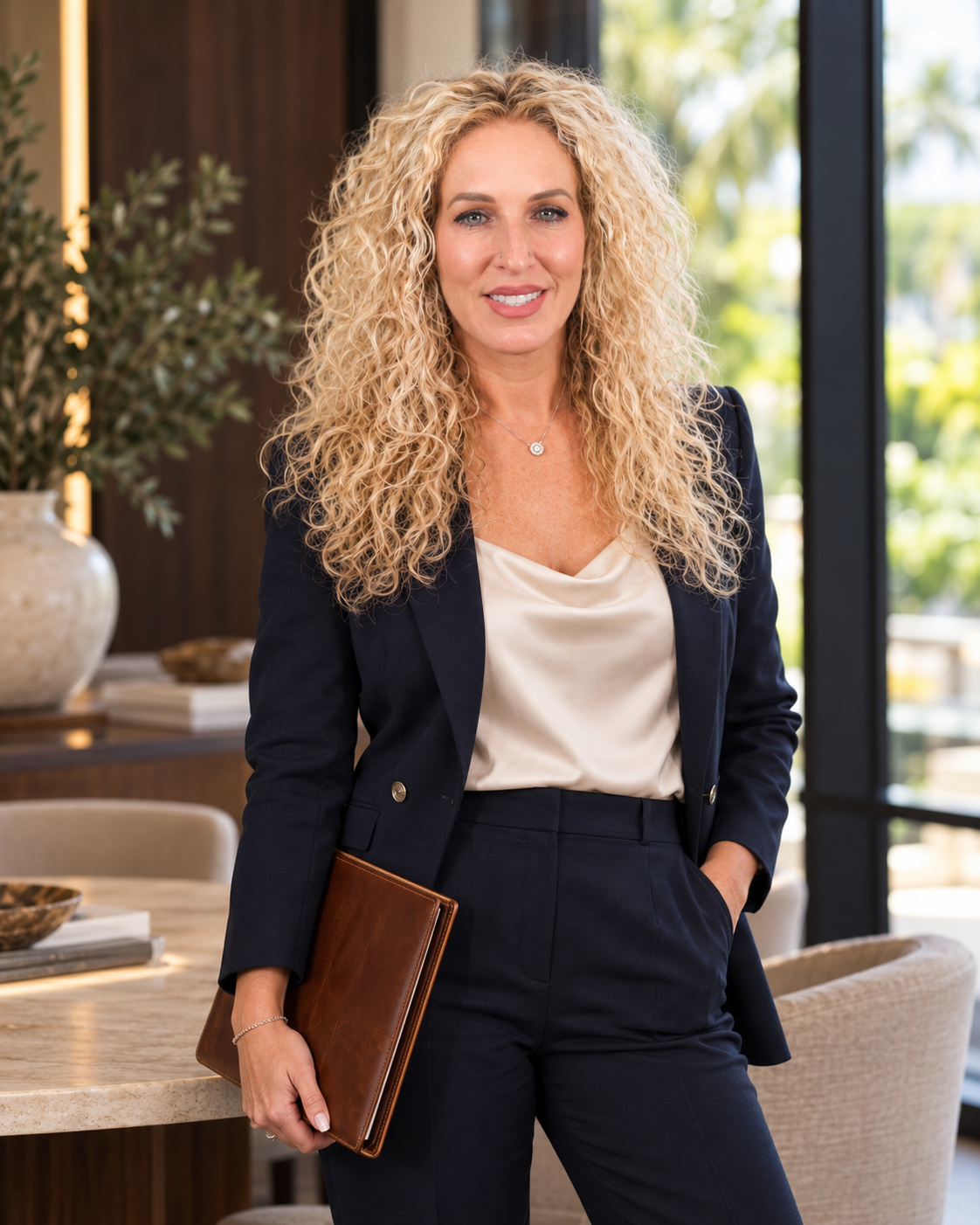 Aubreigh Hutchison leader in navy tailored suit in upscale professional South Florida setting