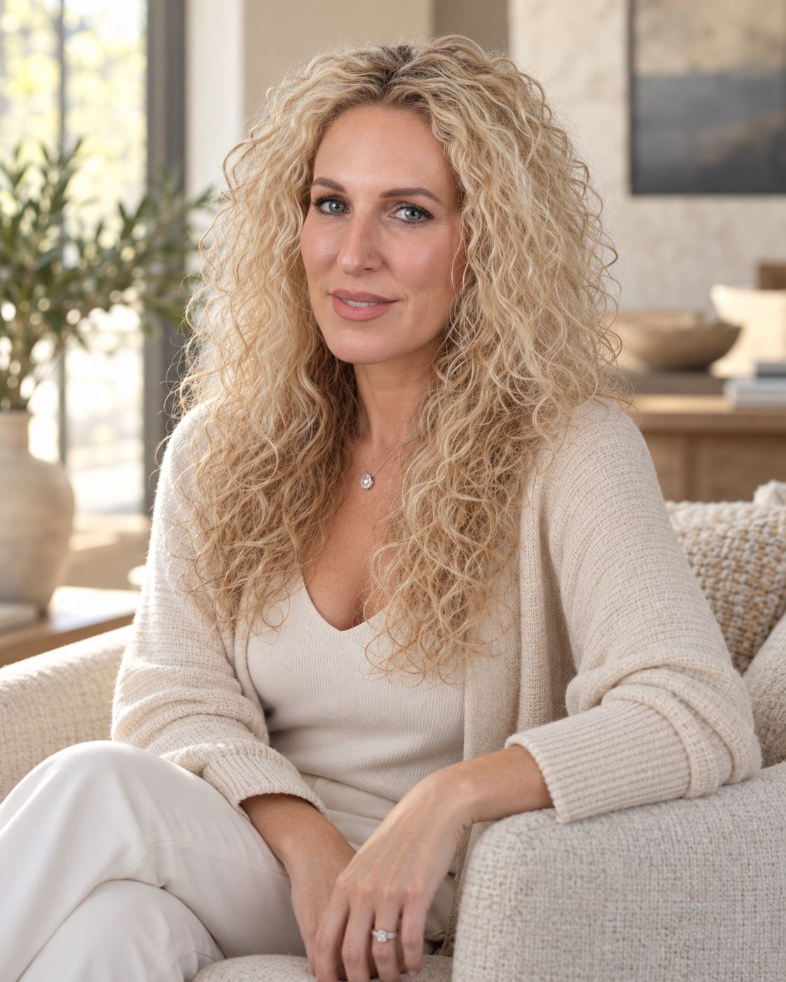 Aubreigh Hutchison relaxed portrait seated on an armchair in warm neutral tones